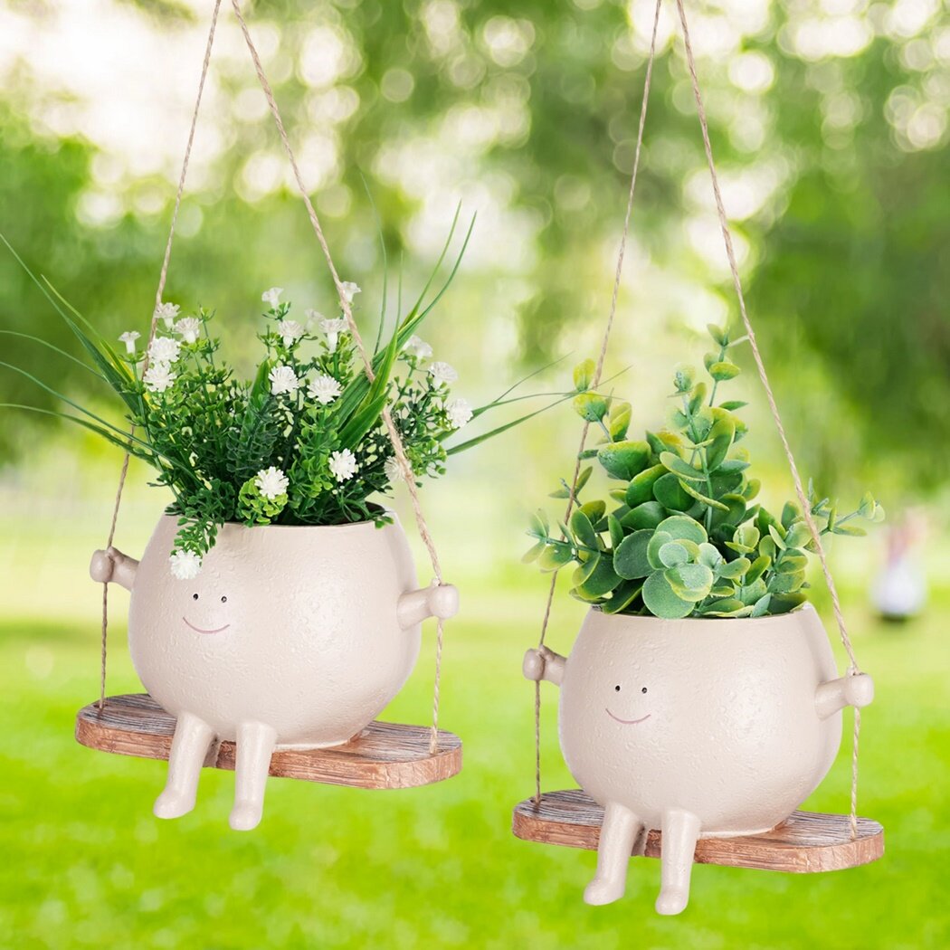 2 Pcs Swing Hanging Planters, Cut Face Plant Pots for Indoor Outdoor Plants, Resin Hanging Head Succulent Pots, Flower Pots for String of Pearls, Unique Plant Holders for Home Garden Decor