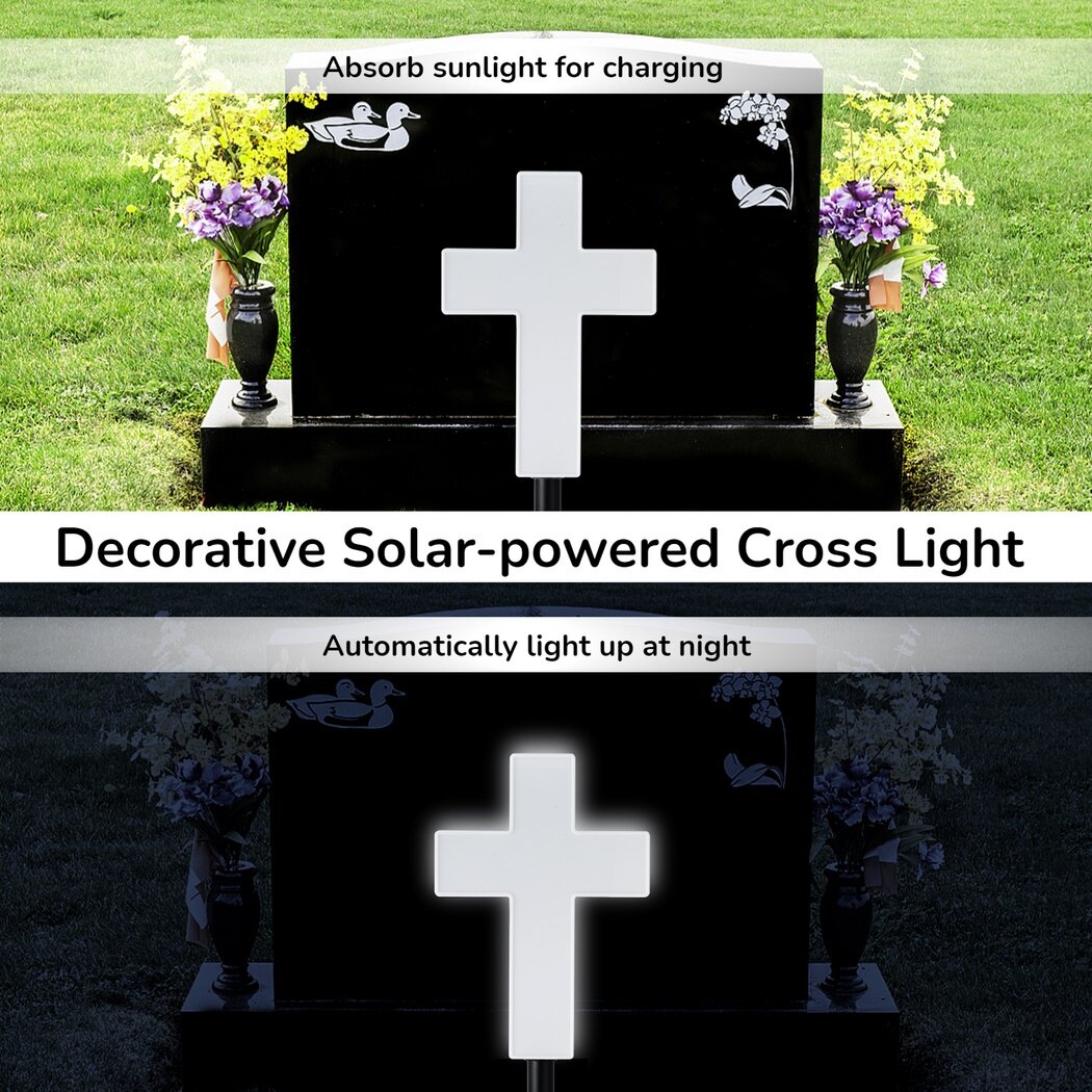 Solar-powered Cross Light, Grave Marker Cemetery Decoration, White LED Light Cross, Garden Stake Light, Outdoor Peaceful Decorative Lamp for Yards, Gardens, Patios