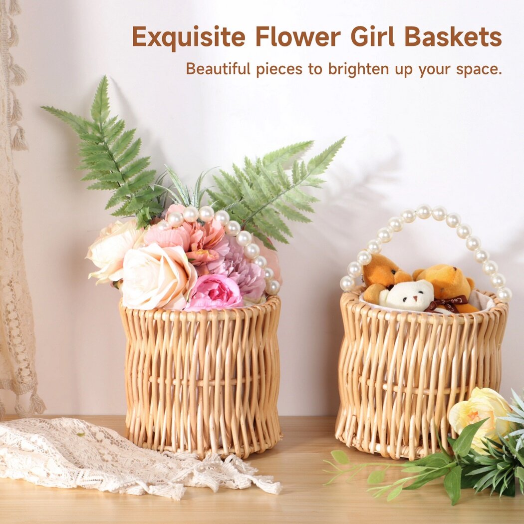 2 PCS Flower Girl Baskets, Handwoven Rattan Baskets, Flower Baskets with Pearl Handle, Wedding Wicker Rattan Baskets with Cotton Linen Lining, Handwoven Rattan Bag for Women