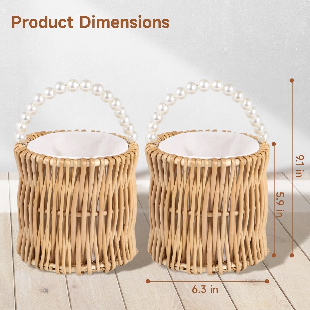 2 PCS Flower Girl Baskets, Handwoven Rattan Baskets, Flower Baskets with Pearl Handle, Wedding Wicker Rattan Baskets with Cotton Linen Lining, Handwoven Rattan Bag for Women