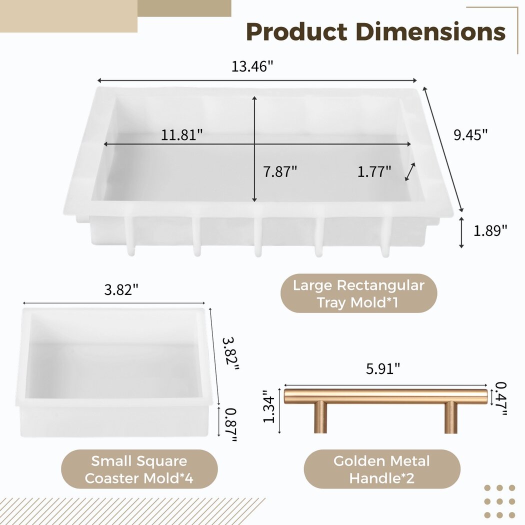 Silicone Tray Molds Set for Epoxy Resin Casting, 13.5" x 9.4" Deep Large Rectangular Tray Mold with Golden Handles & 4 Square Coaster Molds, Table Mold DIY Art for Serving Board Floral Preservation