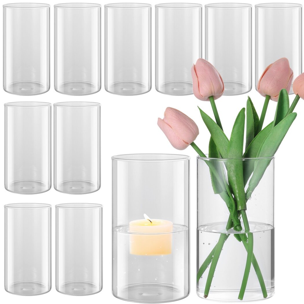 12 PCS Cylinder Glass Vases, Clear Flower Glass Vase, Hurricane Candle Holder for Pillar, Dining Table Centerpiece Decoration, Wedding Party Centerpiece, Home Decor for Tabletops