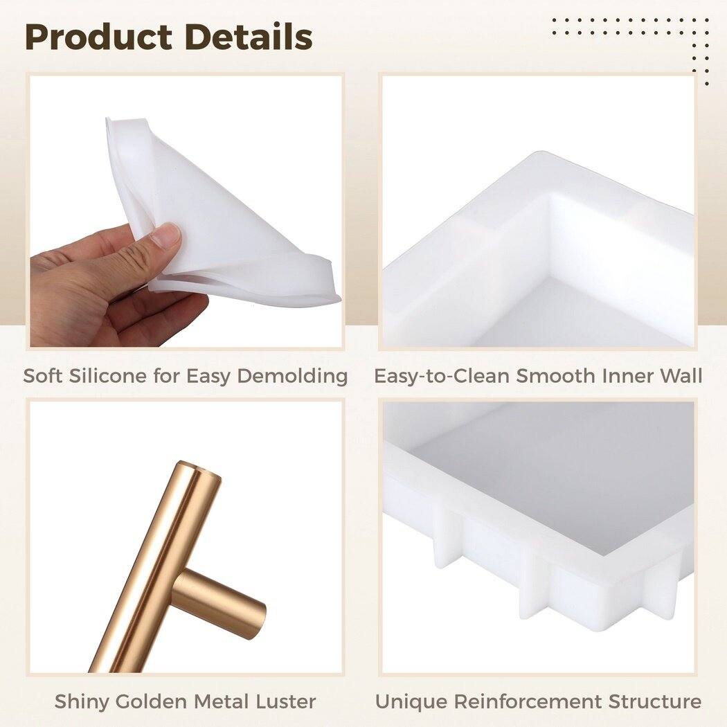 Silicone Tray Molds Set for Epoxy Resin Casting, 13.5" x 9.4" Deep Large Rectangular Tray Mold with Golden Handles & 4 Square Coaster Molds, Table Mold DIY Art for Serving Board Floral Preservation