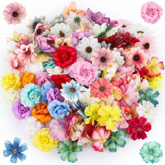 100 Pcs Faux Flower Heads, Artificial Silk Plum Rose Daisy Heads, Multi-Color DIY Mini Fake Flowers, Assorted Decorative Flowers for Car, Cake, Vase, Craft Supplies for Wedding, Party