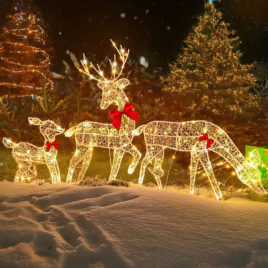 Set of 3 Lighted Christmas Reindeer Family, LED White Metal Deer Yard Decorations with Red Bows, Battery Operated 2D Reindeer Sculptures, Outdoor Indoor Light Up Christmas Garden Pathway Lawn Decor