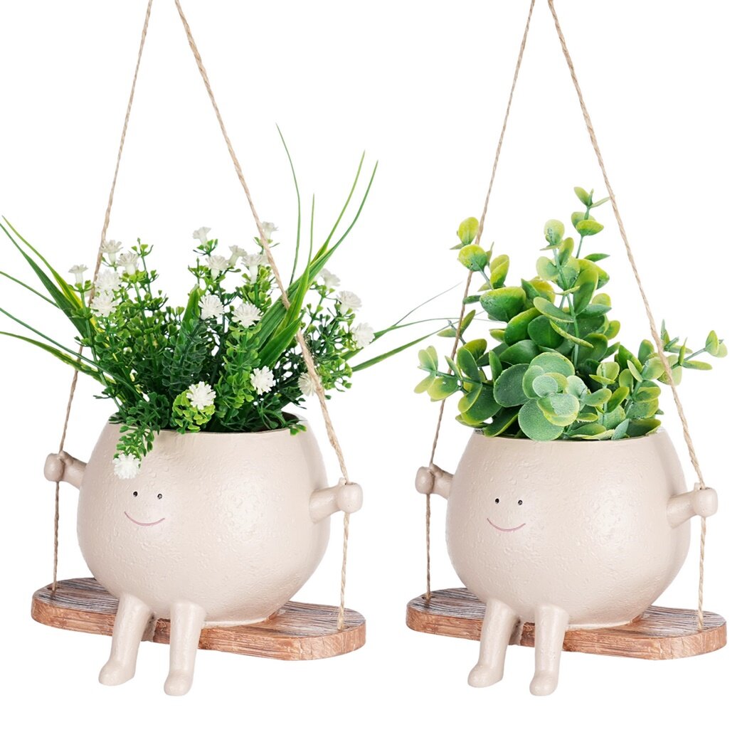 2 Pcs Swing Hanging Planters, Cut Face Plant Pots for Indoor Outdoor Plants, Resin Hanging Head Succulent Pots, Flower Pots for String of Pearls, Unique Plant Holders for Home Garden Decor