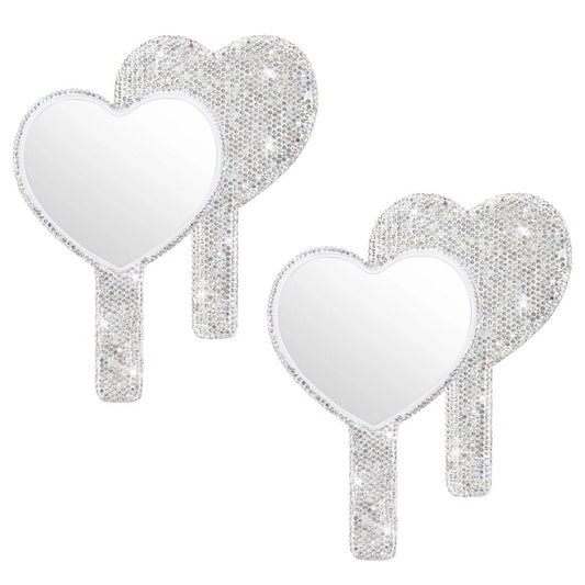 2 Pcs Rhinestone Handheld Mirrors, Dazzling Bling Heart-Shaped Hand Mirrors, Small Decorative Makeup Mirrors with Handle, Portable Travel Mirrors for Women