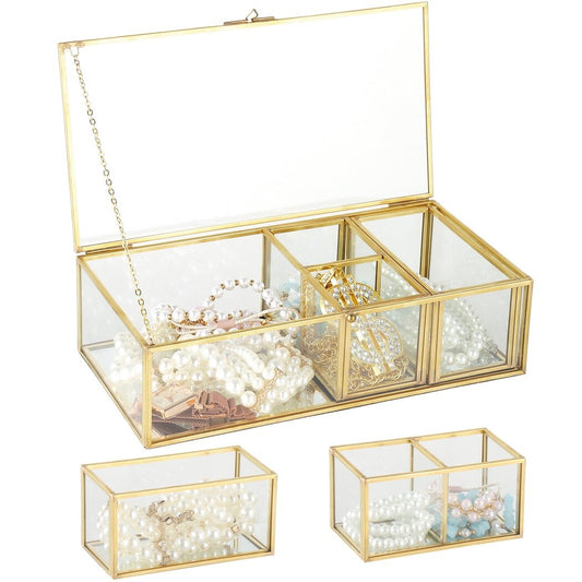 Golden Vintage Glass Jewelry Box, Mirrored Keepsake Box with 2 Detachable Jewelry Organizers, 3 in 1 Clear Lidded Display Box, Rectangle Makeup Storage Container