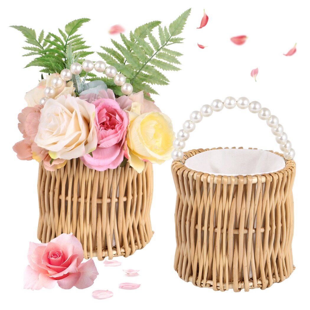 2 PCS Flower Girl Baskets, Handwoven Rattan Baskets, Flower Baskets with Pearl Handle, Wedding Wicker Rattan Baskets with Cotton Linen Lining, Handwoven Rattan Bag for Women