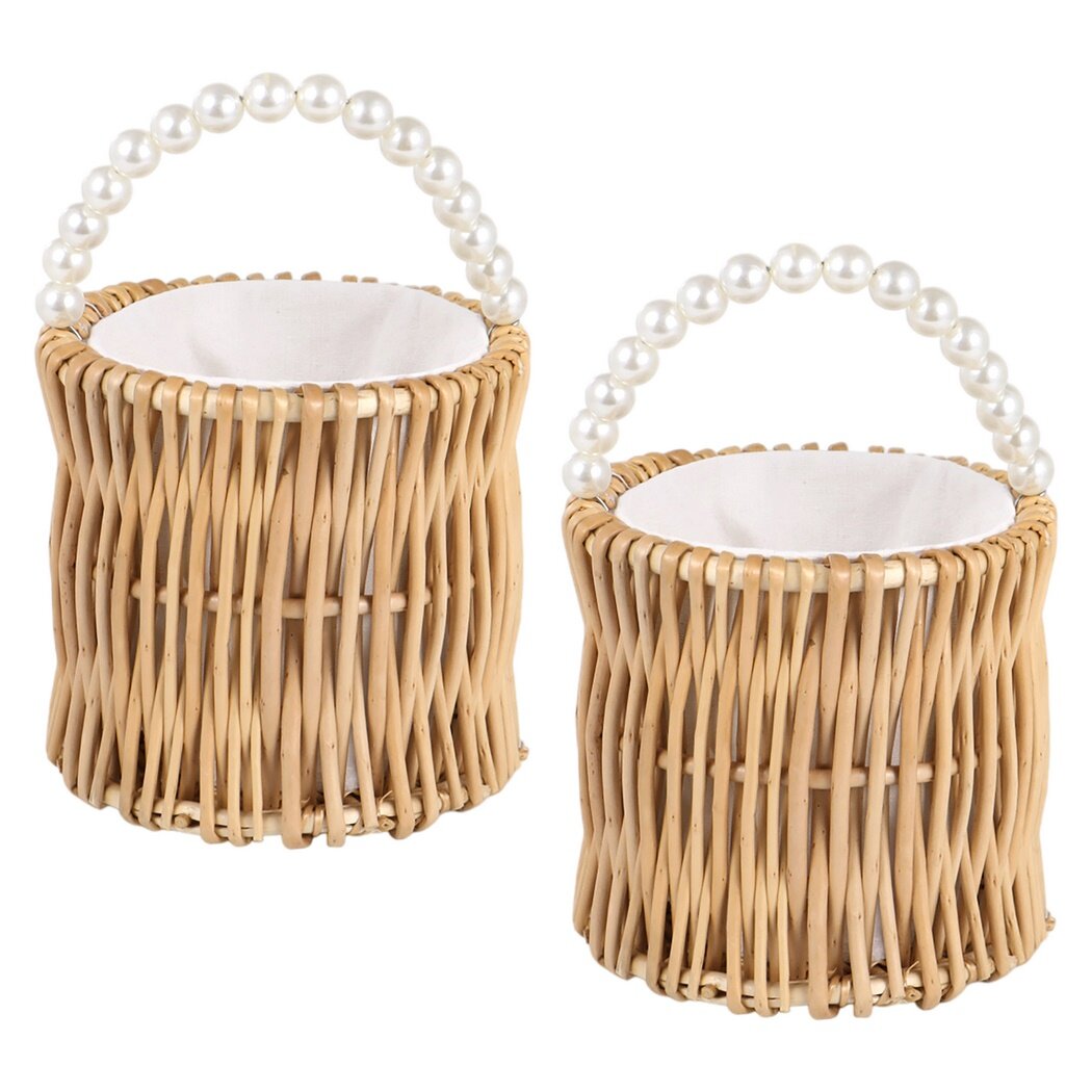 2 PCS Flower Girl Baskets, Handwoven Rattan Baskets, Flower Baskets with Pearl Handle, Wedding Wicker Rattan Baskets with Cotton Linen Lining, Handwoven Rattan Bag for Women